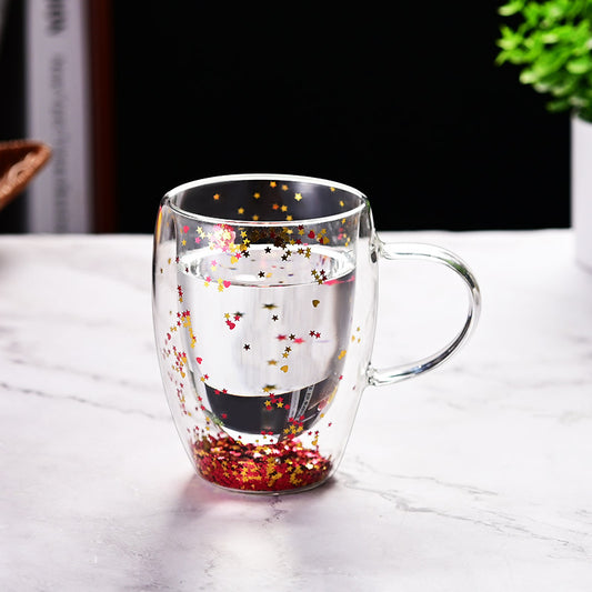 Sequins Filled Double Layer Glass Cup