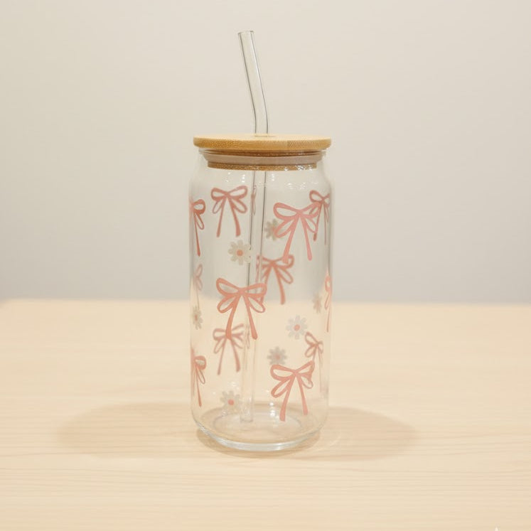 Ribbon n Daisy Printed Glass Cup