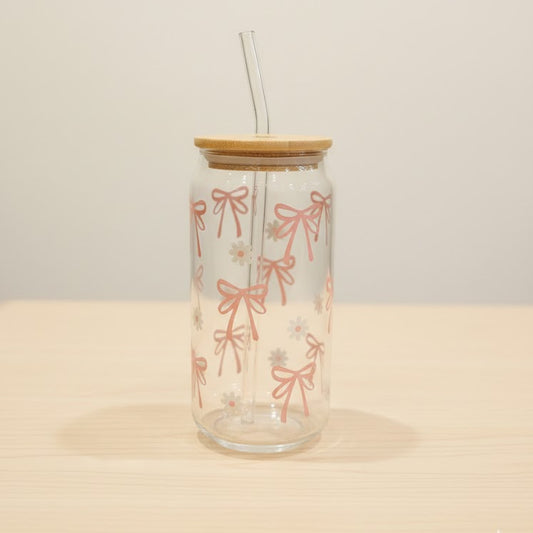 Ribbon n Daisy Printed Glass Cup