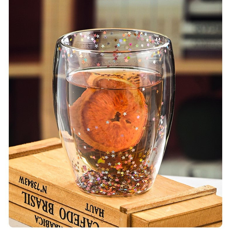 Sequins Filled Double Layer Glass Cup