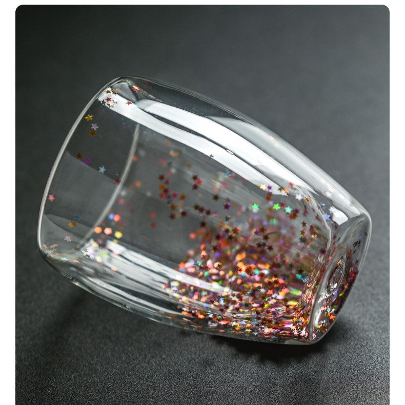 Sequins Filled Double Layer Glass Cup