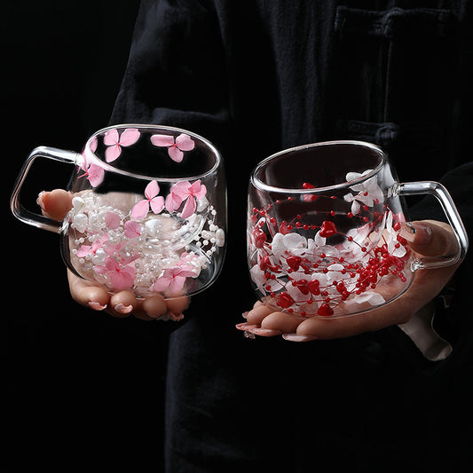Dried Flowers Filled Double Glass Cup