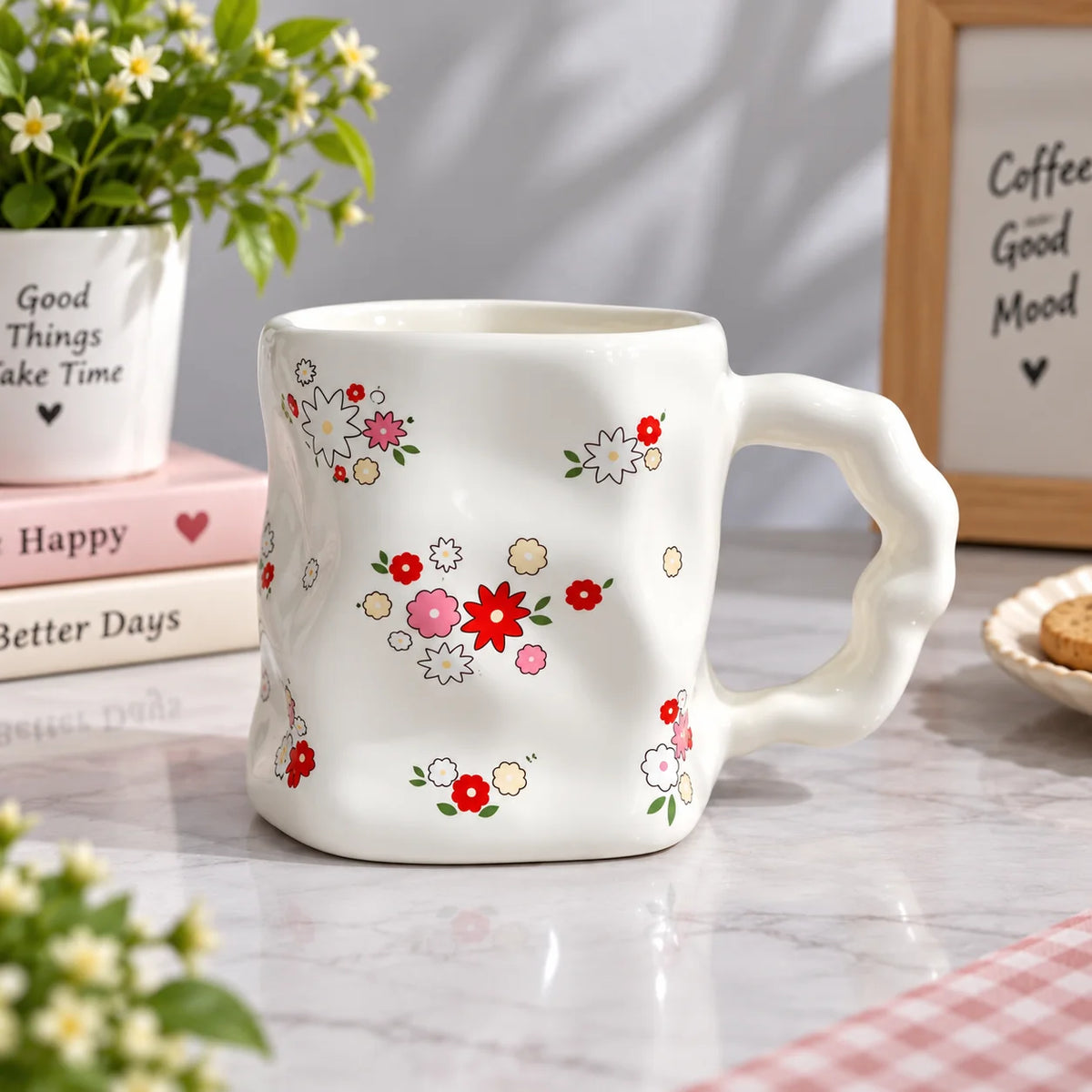 Floral Design Ceramic Mug with Unique Handle