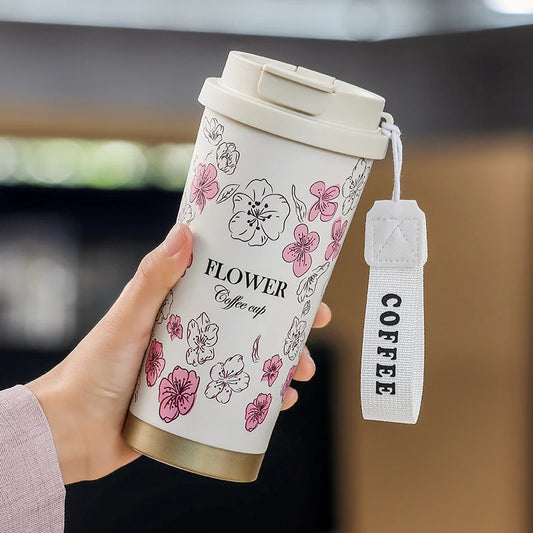 Flower Themed Coffee Cup with Straw