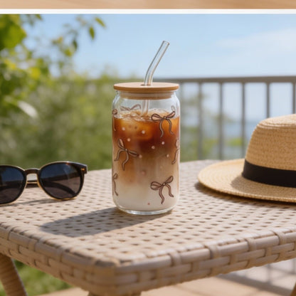 Bamboo Lid Ribbon with Polka Glass Cup