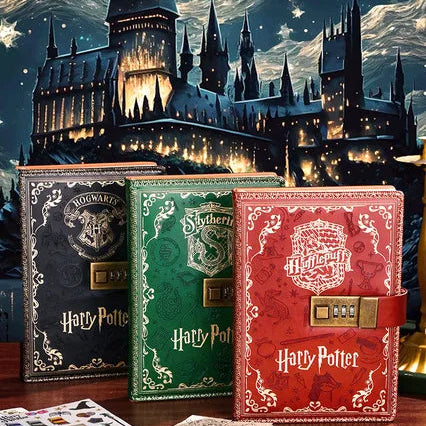 Three Harry Potter-themed books with Hogwarts castle in the background
