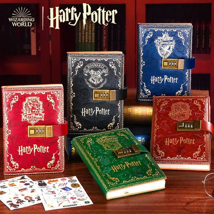 Collection of Harry Potter-themed notebooks with locks on a wooden surface.