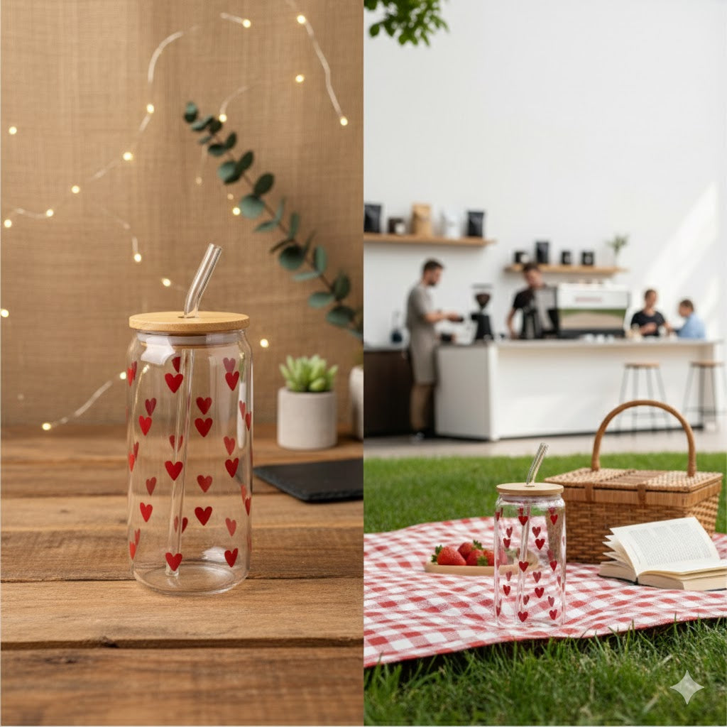 Hearts Printed Glass Cup with Straw
