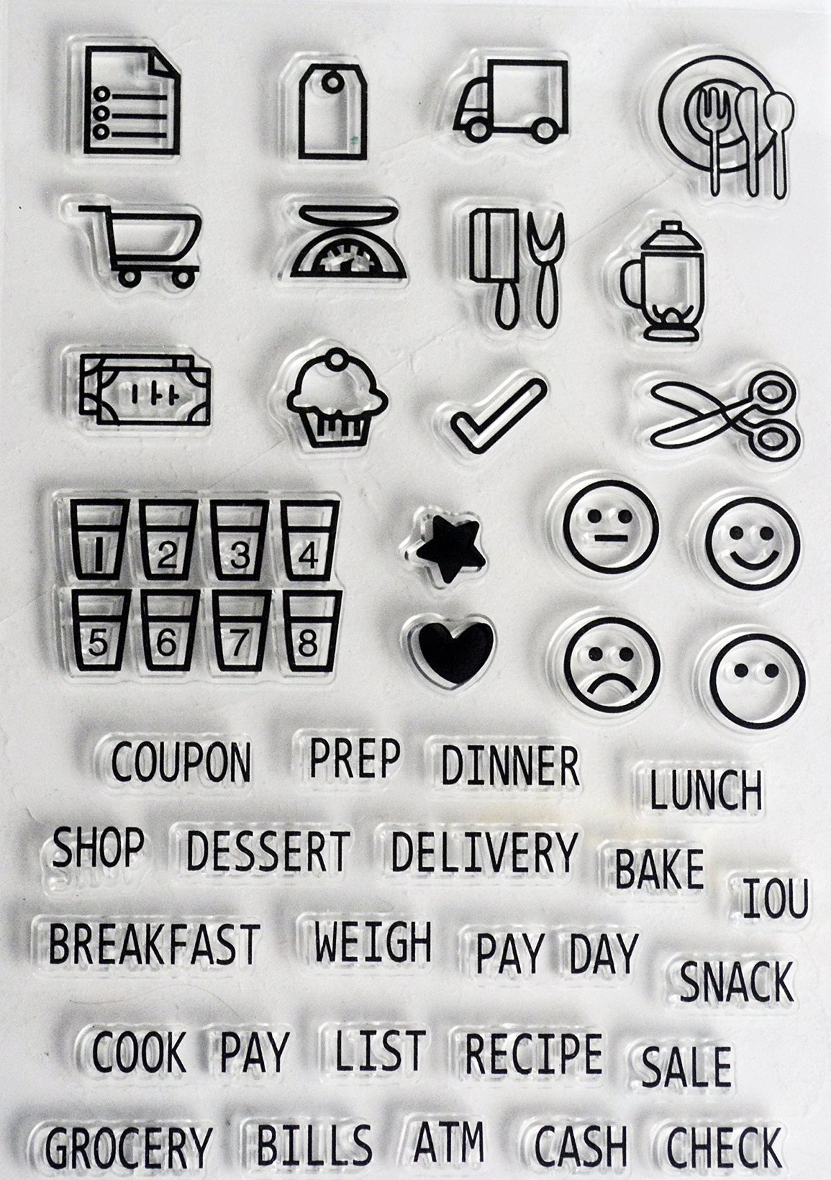Set of clear stamps with various icons and text on a white background