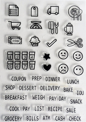 Set of clear stamps with various icons and text on a white background