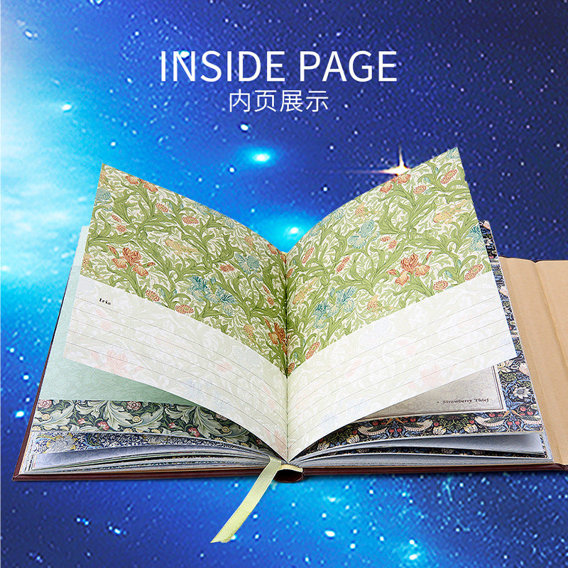 Open book with floral pages on a blue starry background