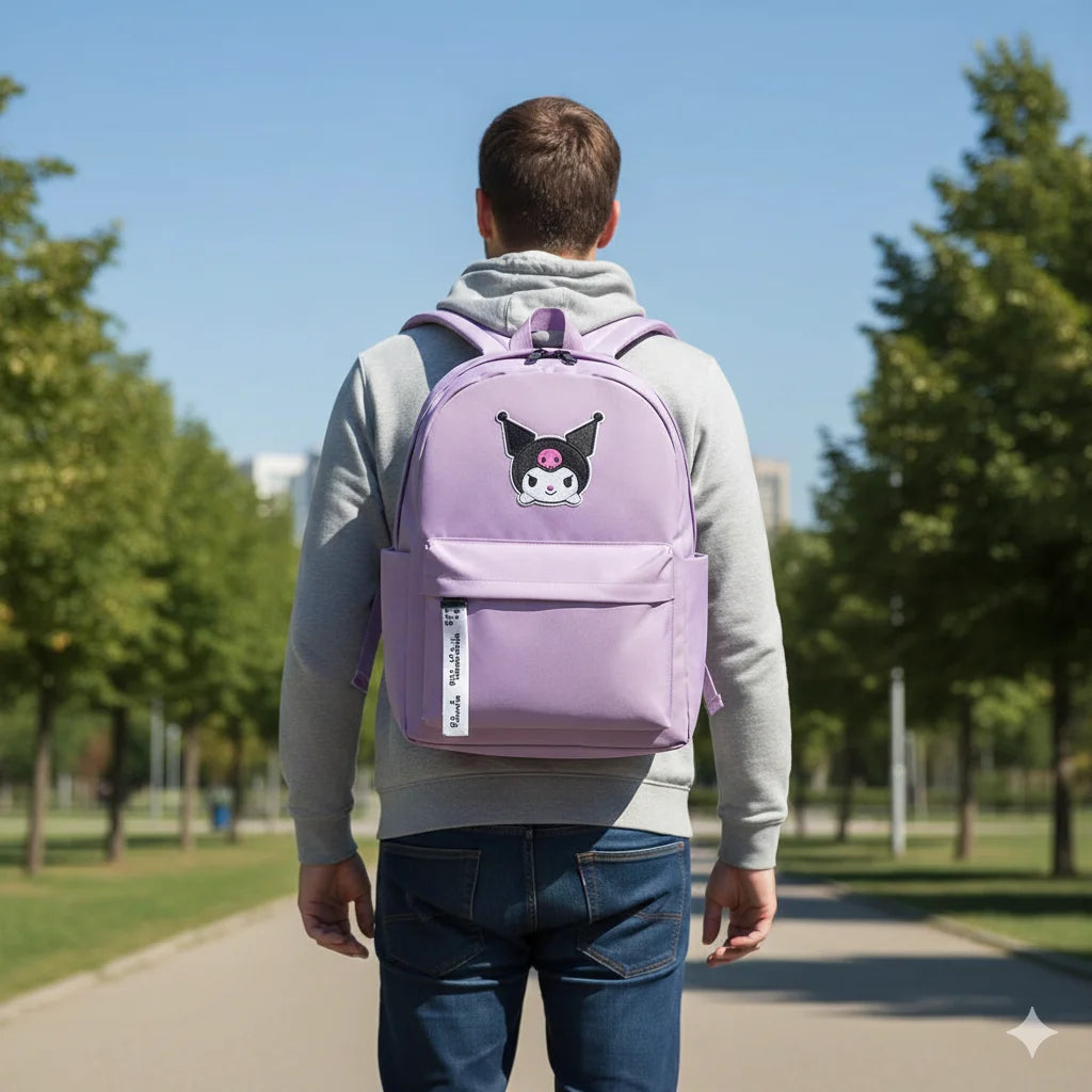 Person wearing a purple backpack with a cartoon character on a path with trees in the background