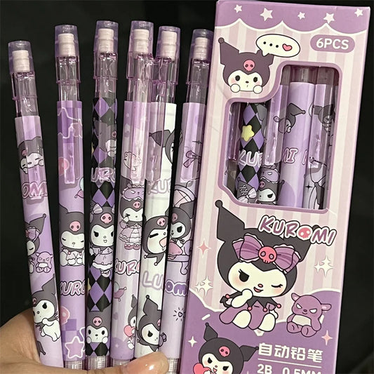 Set of Kuromi-themed pencils with packaging on a dark background