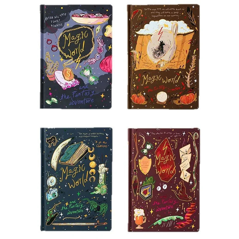 Four notebooks with 'Magic World' covers featuring fantasy illustrations on a white background.