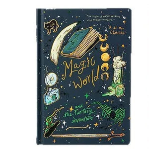 Decorative notebook cover with magical illustrations and text on a dark blue background