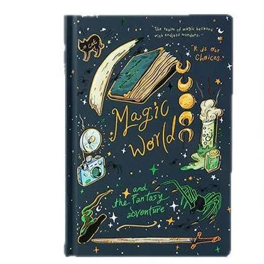 Decorative notebook cover with magical illustrations and text on a dark blue background
