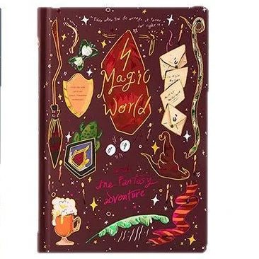Decorative notebook with fantasy-themed illustrations on a dark red background