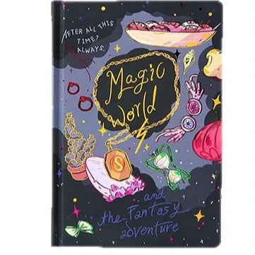 Notebook with colorful illustrations and text on a dark background