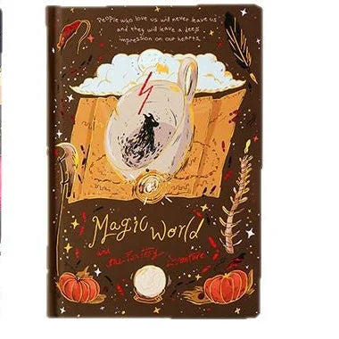 Decorative notebook cover with a witch's hat, book, and pumpkins on a brown background.