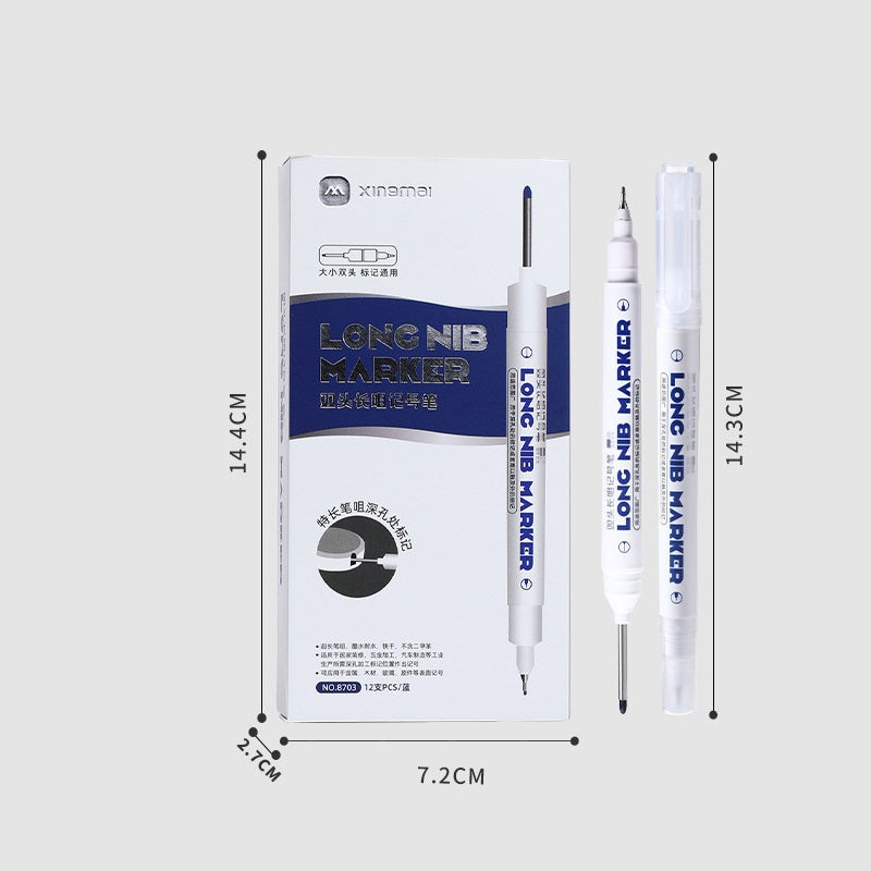 Long-nib marker with packaging and measurements on a white background