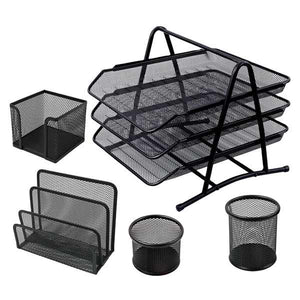 Set of black mesh office organizers including a large tray, smaller trays, and pen holders on a white background.