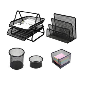 Set of black mesh office organizers including a letter tray, file holder, pen holders, and a sticky note cube on a white background.