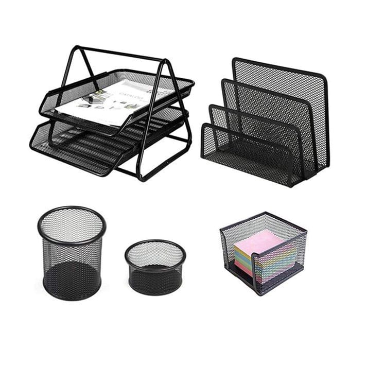 Set of black mesh office organizers including a letter tray, file holder, pen holders, and a sticky note cube on a white background.