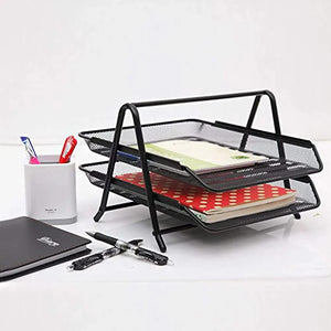 Black mesh desk organizer with stationery items on a white background