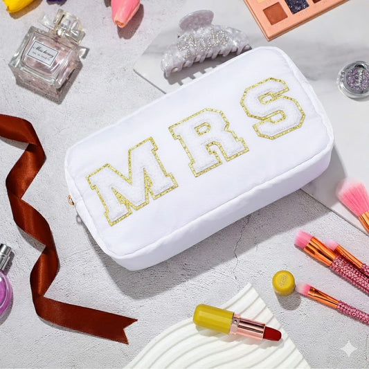 'Mrs' Embroidered Leather Cosmetic Pouch