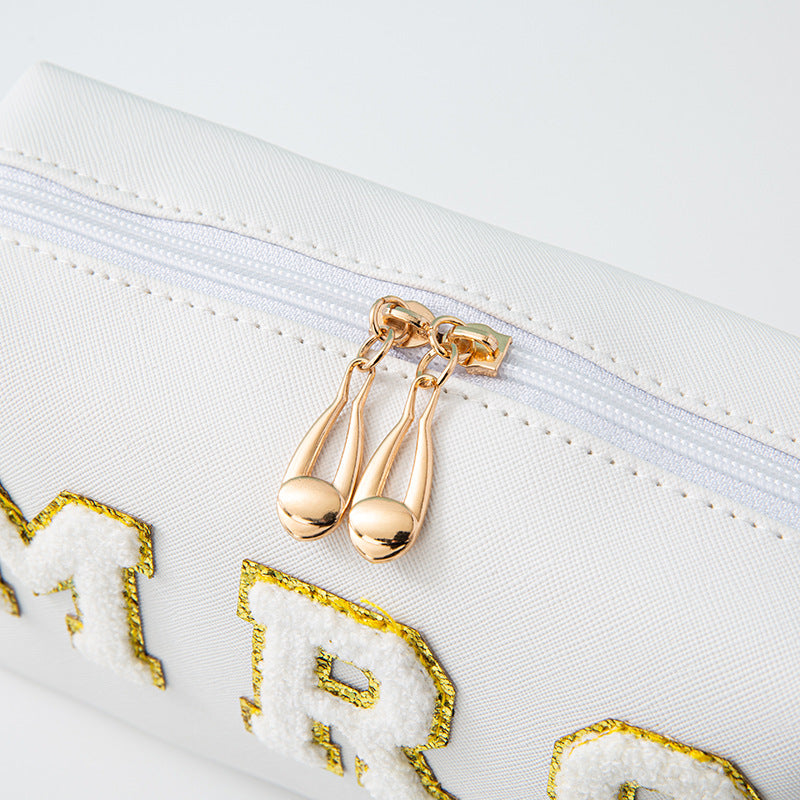 'Mrs' Embroidered Leather Cosmetic Pouch