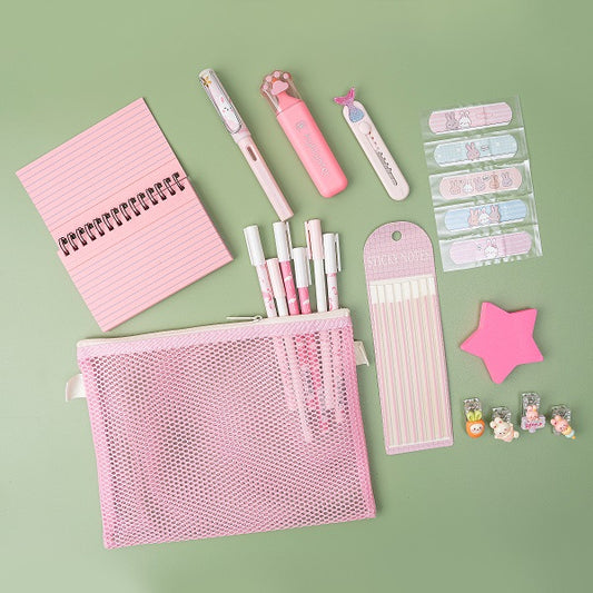 Pink Mesh Pouch Stationery Bundle