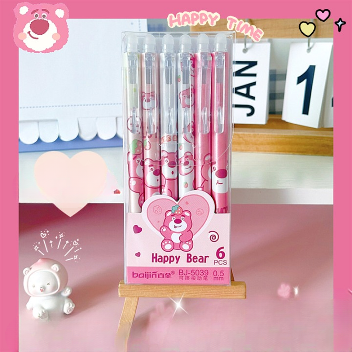 Cute Pink Bear Erasable Gel Pen Set of 6