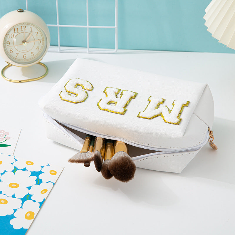 'Mrs' Embroidered Leather Cosmetic Pouch