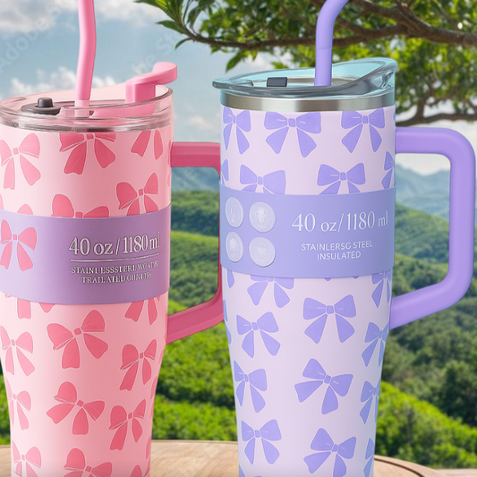 Two insulated tumblers with bow patterns on a wooden surface with a scenic background.