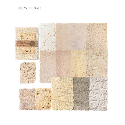 Collection of textured paper samples in various colors and patterns on a white background.