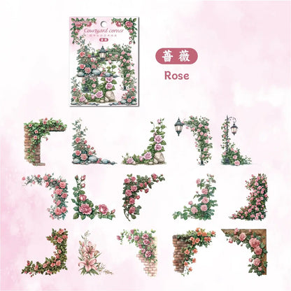 Decorative elements with floral designs and text on a pink background