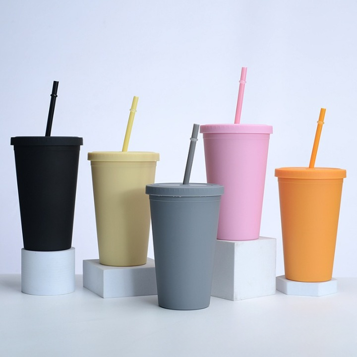 Double Layer Plastic Cup with Straw