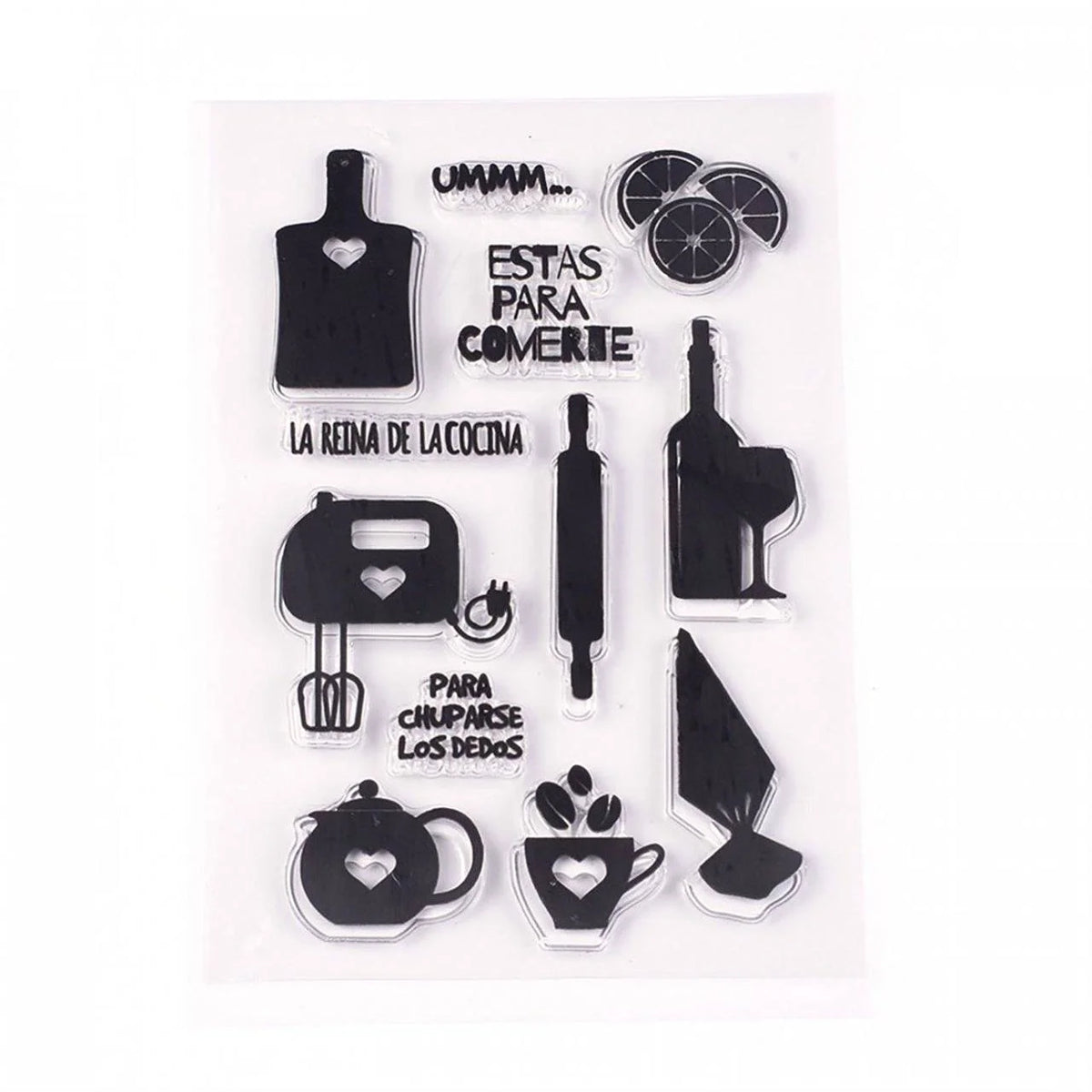 Set of black kitchen-themed stamps on a white background