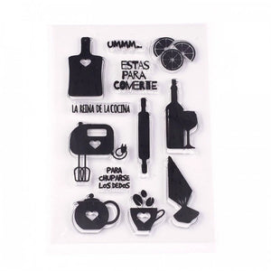 Set of black kitchen-themed stamps on a white background