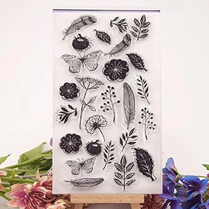Clear stamp set with black floral and butterfly designs on a white background.