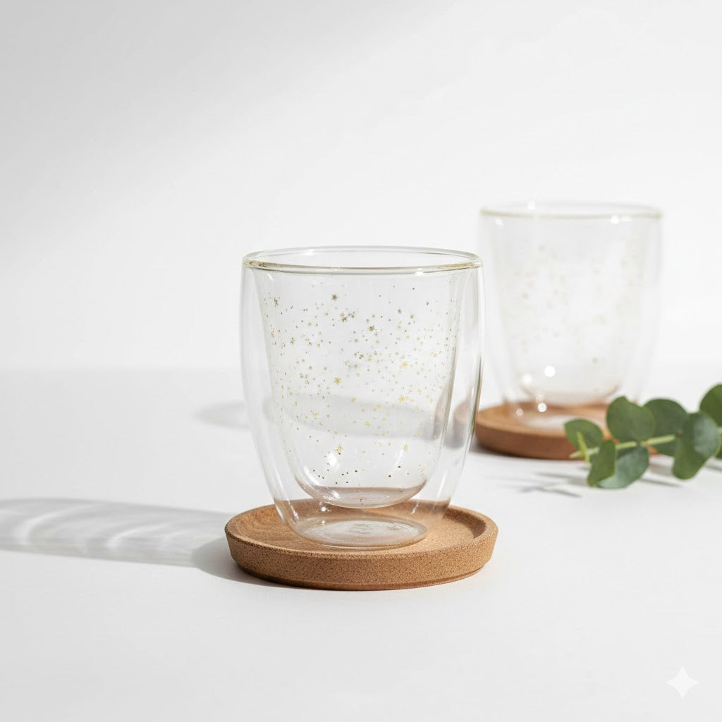 Double Layer Glass Cup with Golden Stars