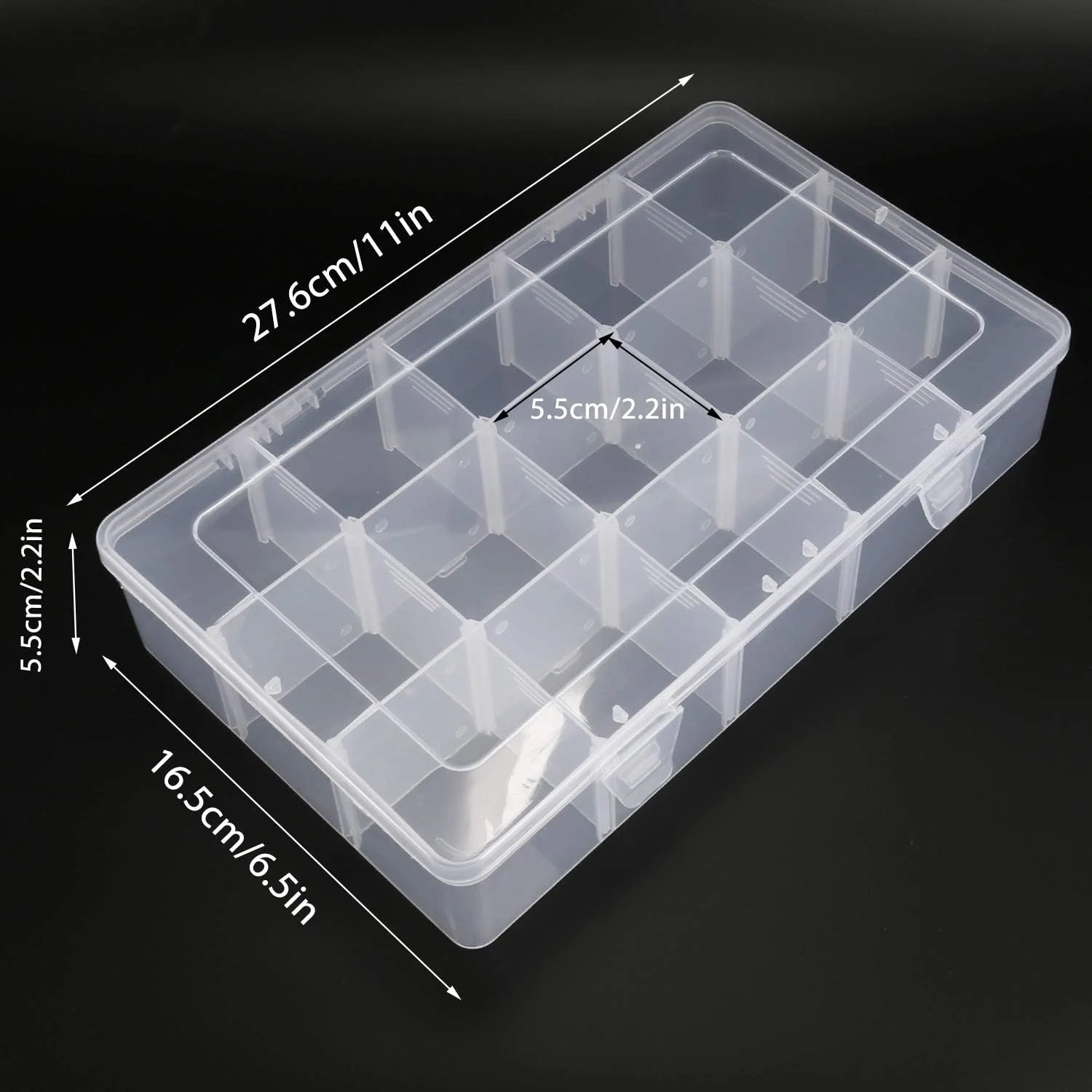 Clear plastic storage box with compartments and dimensions on a black background