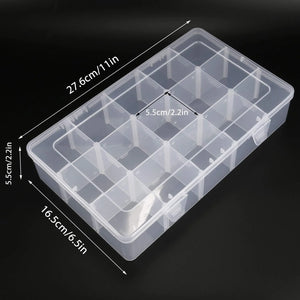 Clear plastic storage box with compartments and dimensions on a black background