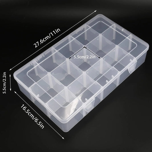 Clear plastic storage box with compartments and dimensions on a black background