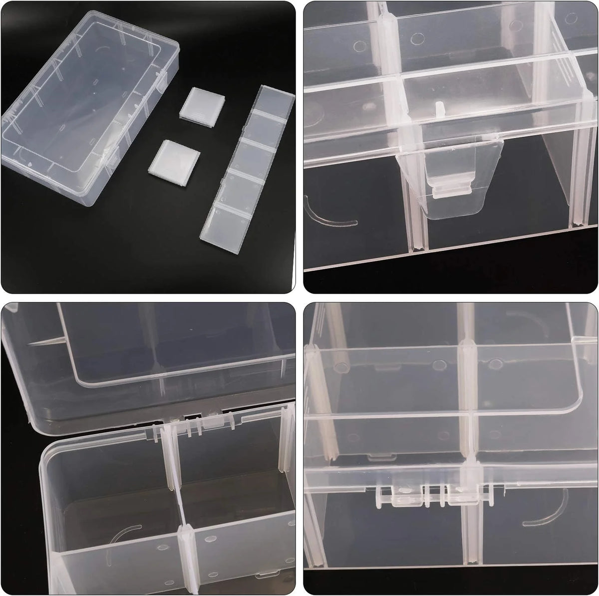 Collage of a clear plastic storage box with various compartments on a black background.