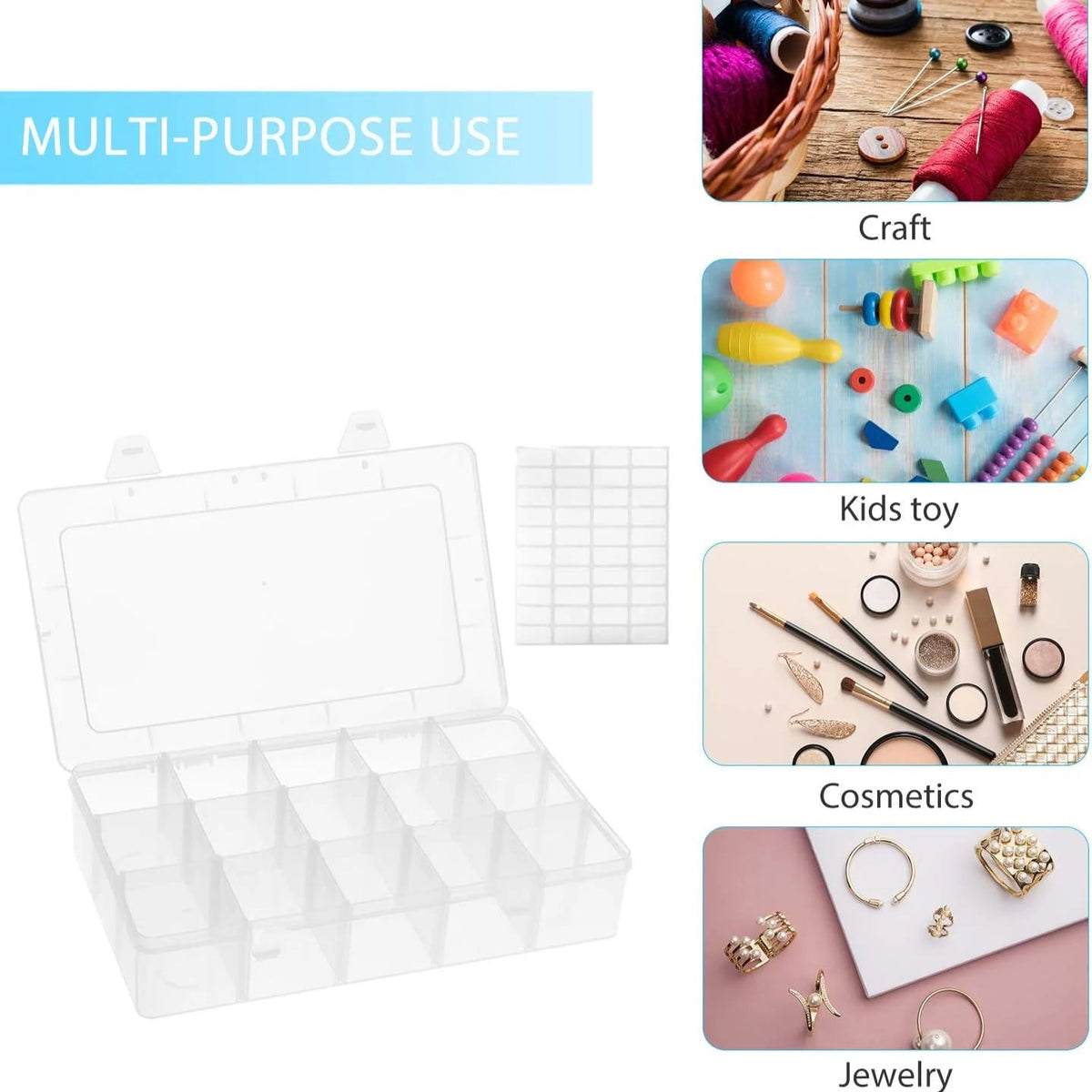 Clear plastic organizer trays with various product images on a white background, highlighting their use for craft, kids' toys, cosmetics, and jewelry.