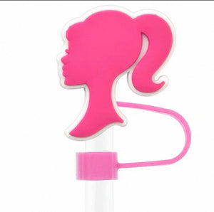 Pink silhouette of a girl with a hair tie on a white background