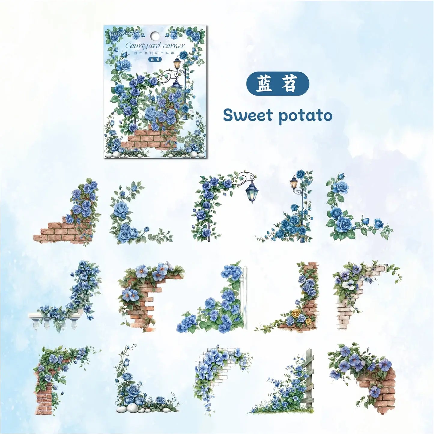 Decorative stickers with floral designs and text on a light blue background