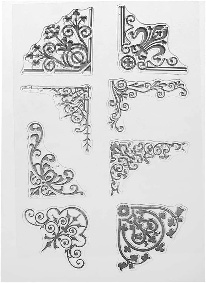 Decorative corner designs in black on a white background