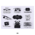 Set of black and white vintage-themed stamps on a white background